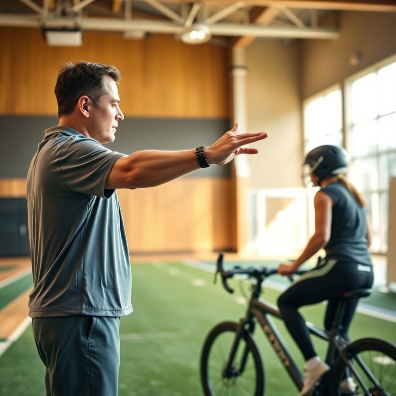 Coach mid-cue with arm extended toward a member on an assault bike
