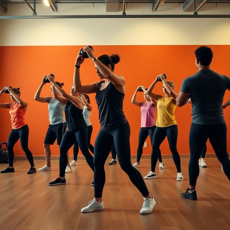 Eight people mid-kettlebell-swing in a group class while a coach watches form from the edge of the floor