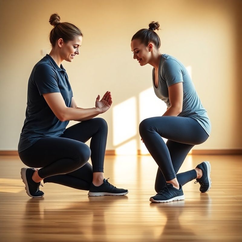 Female certified coach kneeling beside a member mid-squat, correcting hand placement on the wooden gym floor