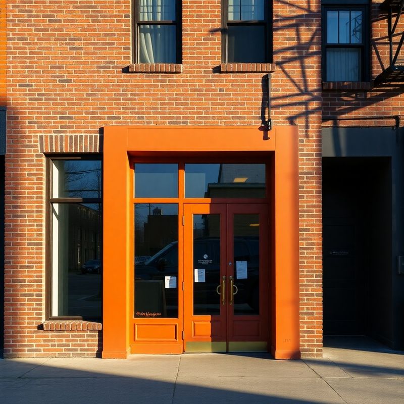 Exterior brick facade of the Studio of Austin gym on Milwaukee Ave with terracotta-painted door surround in warm morning light