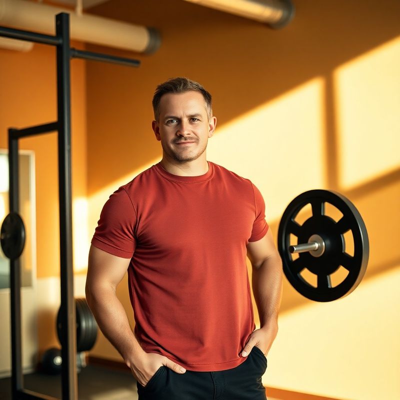 Certified coach standing beside a barbell rack in the warm terracotta-and-cream Studio of Austin gym interior
