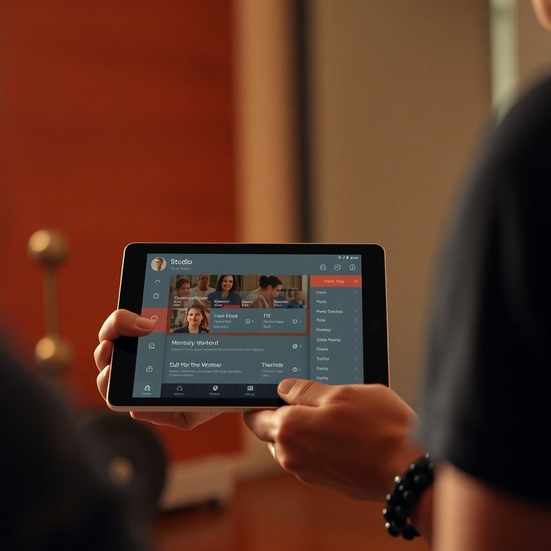 Close-up of a coach holding a tablet showing a member's workout program in the Studio app