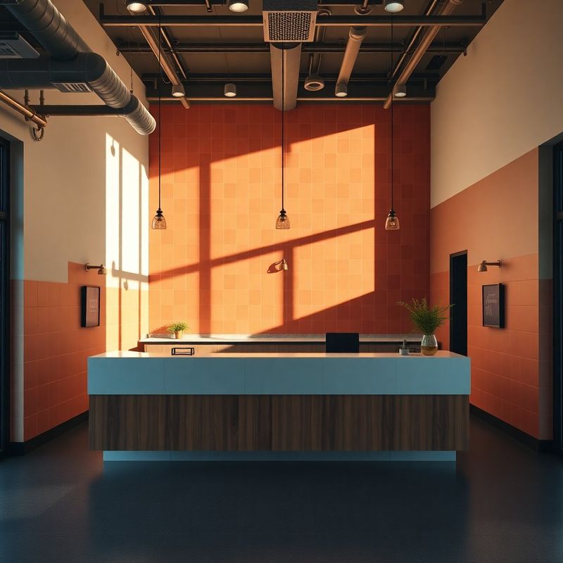 Wide view of the Studio of Austin reception area with terracotta tile accents and brass fixtures