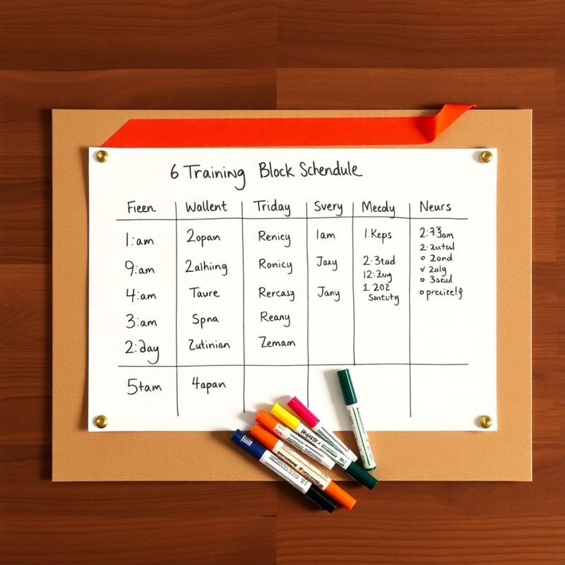 Pinboard of a handwritten six-week training block schedule with colored markers and terracotta accent tape